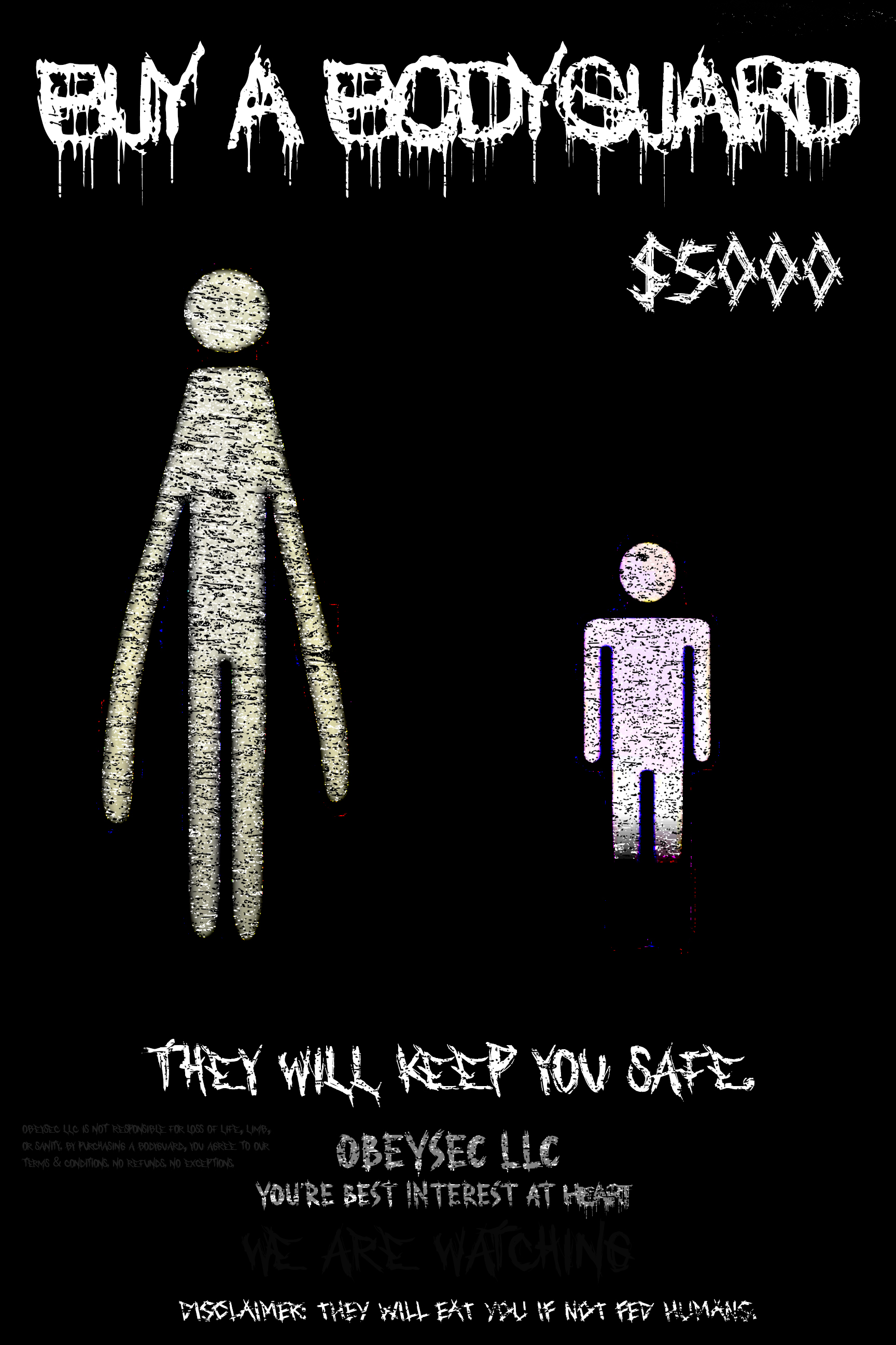 Advertisement flyer reportedly seen late at night featuring a distorted humanoid figure.