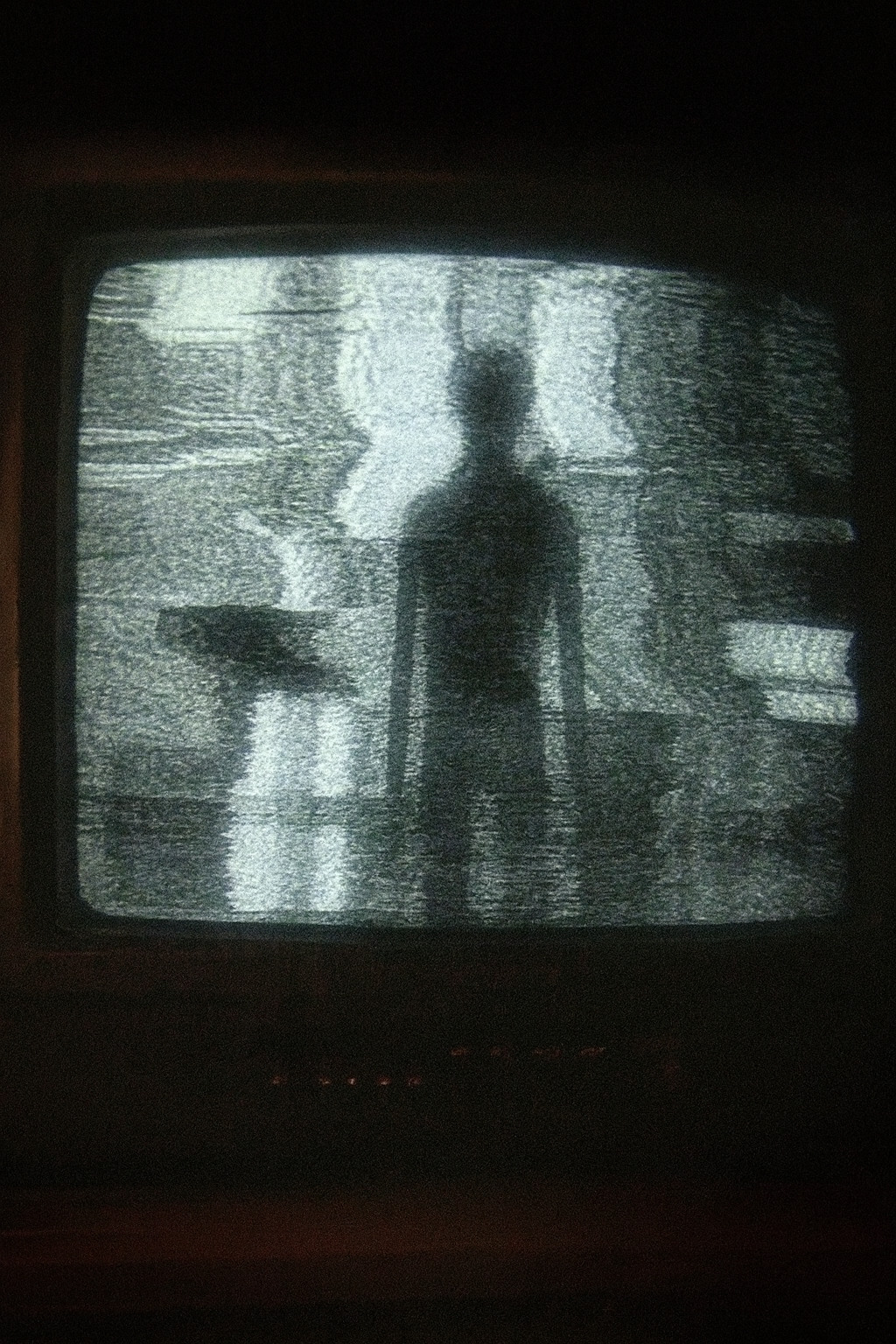 Static-filled television broadcast showing a shadowy figure during the signal hijack.